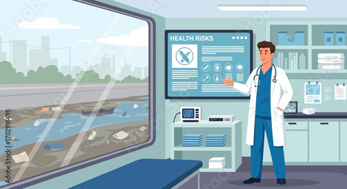 Doctor discussing environmental health risks in polluted urban setting