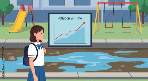 Schoolgirl observes a rising pollution graph near a contaminated playground area