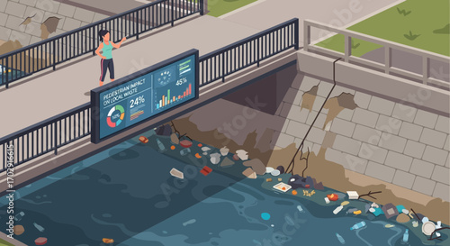 Visual representation of local waste impact with woman observing data on a bridge