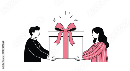 Joyful exchange of a beautifully wrapped surprise gift between two people