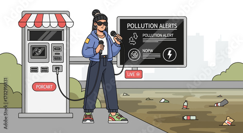 Eco-Conscious Live Streamer Reporting on Pollution Crisis via Porcart Charging Station