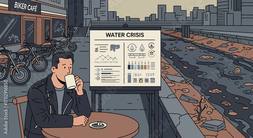 Biker Cafe's Somber View: Reflecting on the Urban Water Crisis with Coffee