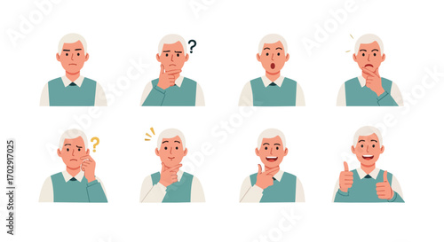 Diverse man expresses confusion, contemplation, surprise, and approval with varied facial expressions
