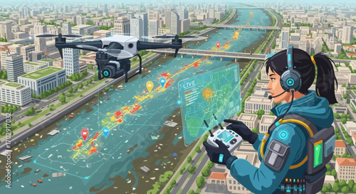 Drone operation over urban river for monitoring pollution and city infrastructure