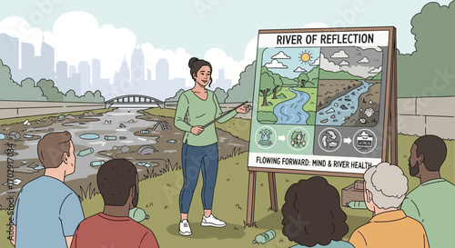 Visual presentation on river pollution effects and environmental cleanup initiatives
