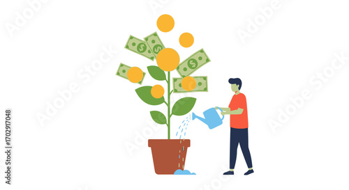Illustration of a person watering a plant that grows money for investment