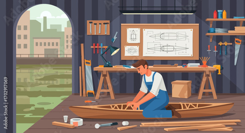 Craftsman passionately building a wooden kayak in his workshop, showcasing artisanal skills