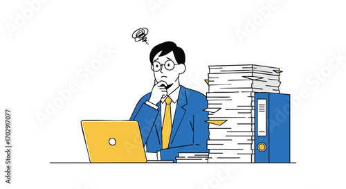 Overwhelmed businessman pondering huge stack of paperwork and laptop, feeling stressed and confused