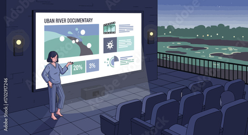 Indoor Evening Documentary Presentation on a Balcony Overlooking City Landscape