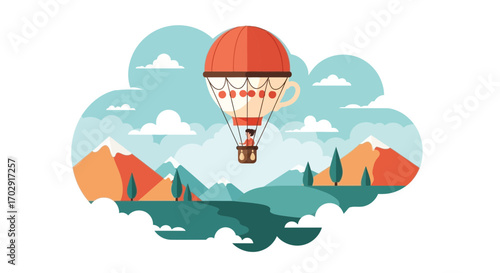 Hot air balloon ride with a giant coffee cup over a scenic landscape