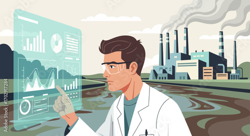 Scientist analyzing environmental data with industrial pollution in the background