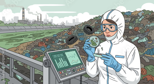 Environmental scientist analyzing a waste sample for pollution control studies