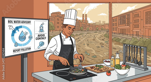 Chef preparing food next to polluted river while water advisory screen displays