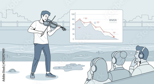 Serenade of Decline: A violinist plays to an audience monitoring river data