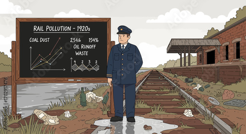 Vintage rail pollution analysis from the 1920s, depicted in a illustrative scene