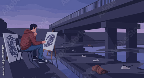 Urban Expression: A Young Artist's Creative Journey Under a Concrete Bridge