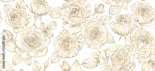Luxury background with vintage roses flowers, buds and leaves seamless pattern. Hand drawn botanical elegant golden roses flower in line art style. Vector card, wedding invitation, wallpaper, cover