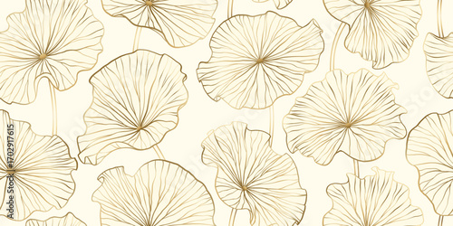Chinese seamless pattern with leaves lotuses. Gold line drawing of lotus leaves on a light background. Hand drawn botanical elegant golden waterlily flower in line art style.