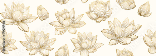 Chinese seamless pattern with lotuses. Gold line drawing of lotus flowers and leaves on a light background. Hand drawn botanical elegant golden waterlily flower in line art style