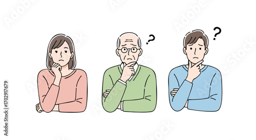 Confused diverse people pondering questions, seeking answers, facing dilemmas, and needing solutions
