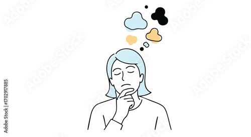 Woman thoughtfully contemplating ideas with abstract thought bubbles above her head