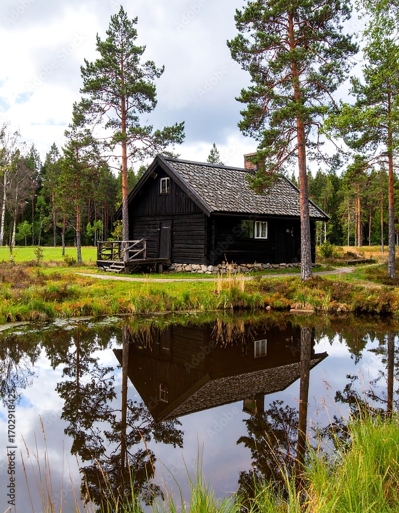 Obraz premium Rustic wooden cabin by a pond, reflected in still water