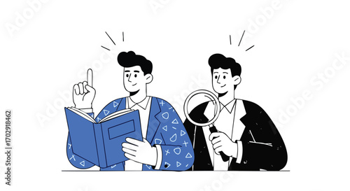 Man with book points to idea while colleague inspects with magnifying glass