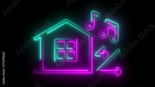 neon house shining in the night with trees,Glowing home vertical neon circle icon animation .Colorful gingerbread house with neon lights .4k video