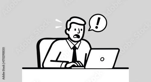 Shocked businessman reacts to urgent alert on laptop screen in modern office