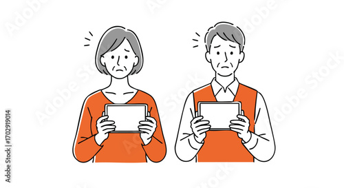Worried senior couple holds tablet, seeking solutions for financial or health concerns.
