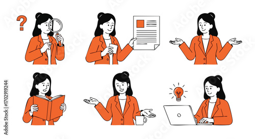 Businesswoman illustrating research, learning, and innovative ideas with engaging poses
