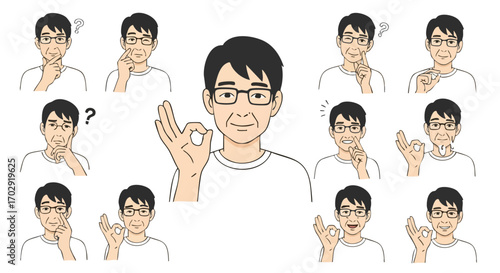 Diverse emotions of a thoughtful man in glasses expressing OK, thinking, and questioning gestures