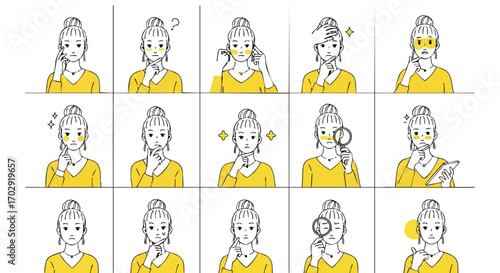 Woman expresses diverse emotions and thoughts through facial expressions and gestures in a grid format.