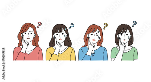 Women pondering difficult decisions with sweat drops and question marks, expressing confusion and doubt