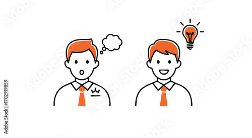 Business colleagues share ideas, one with a thought bubble, another with a bright idea lightbulb.