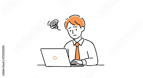 Frustrated businessman struggling with complex work on laptop, feeling overwhelmed by tasks and deadlines