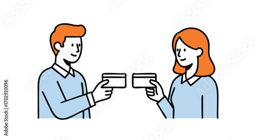 Smiling man and woman exchange credit cards in modern transaction concept