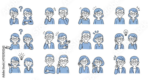 Elderly couple expressing diverse emotions and ideas through thoughtful poses and expressions