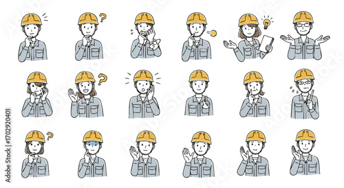 Diverse construction workers show various emotions and ideas including confusion, thought, and inspiration