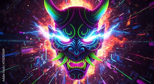 Cyberpunk Oni Mask with Neon Glow and Electric Energy Amidst Digital Cityscape