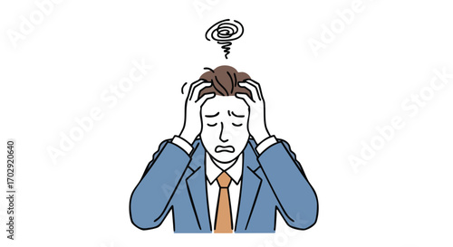 Stressed businessman clutches head in despair, overwhelmed by work pressure and mental chaos.