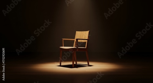 Wallpaper Mural Single wooden chair in spotlight, minimalist interior design, empty room, dark background Torontodigital.ca