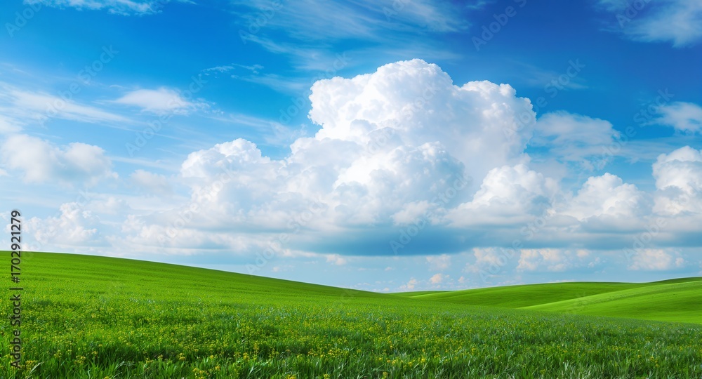 Obraz premium Stunning Landscape of Rolling Green Hills Under a Blue Sky with Fluffy Clouds