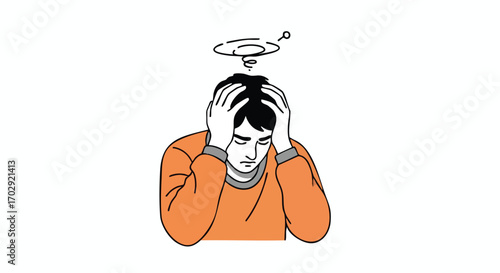 Stressed man holding head with dizziness symbol, depicting mental health struggles and anxiety