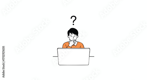 Puzzled man with hand on chin pondering laptop screen, searching for answers online