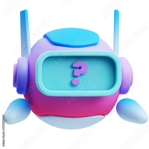 Playful 3D robot illustration featuring a vibrant question mark, symbolizing curiosity, AI assistance, digital inquiry, and exploring the unknown in modern technology