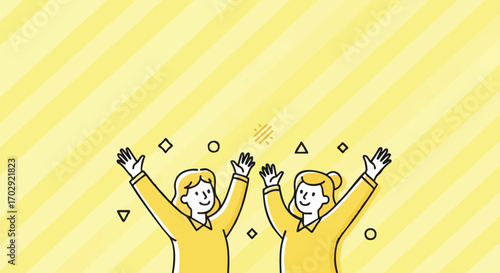 Two happy women celebrating success with arms raised in a vibrant, modern yellow background