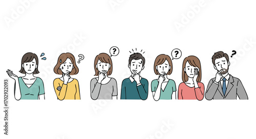 Diverse group of people looking confused and questioning with thought bubbles and worried expressions