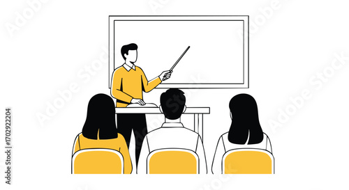 Engaged students listen intently as a confident teacher presents knowledge at the whiteboard