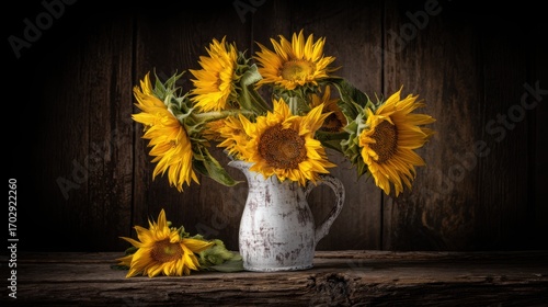 sunflower. A sunflower bouquet in a vintage vase on a rustic wooden surface, glowing in golden hour light. gardening catalogs, home-decor guides, designed for home decor and floral branding.